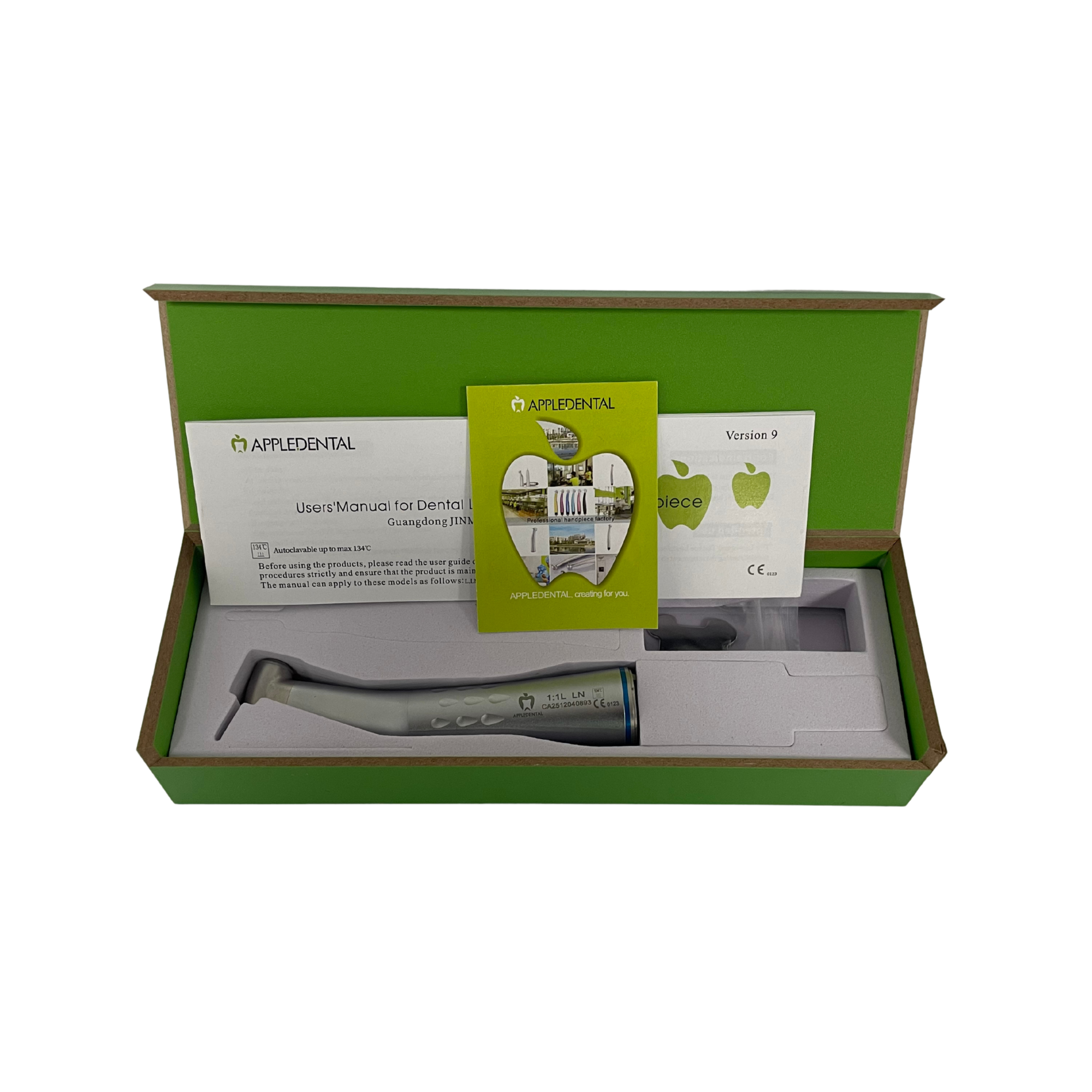 Apple Dental 1:1L Fibre Optic Blue Band Slow Speed Contra Angle Push Button Handpiece